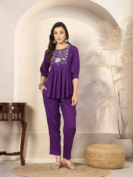 Stylum Women's Violet Solid & Embroidered Cotton Co-ord Set (CSVOILCHOPTA)