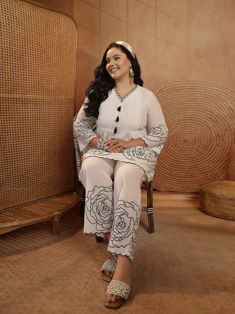 Stylum Women's Plus Size White Floral Printed Cotton Co-Ord Set (CSWHITEZINPAPLUS)
