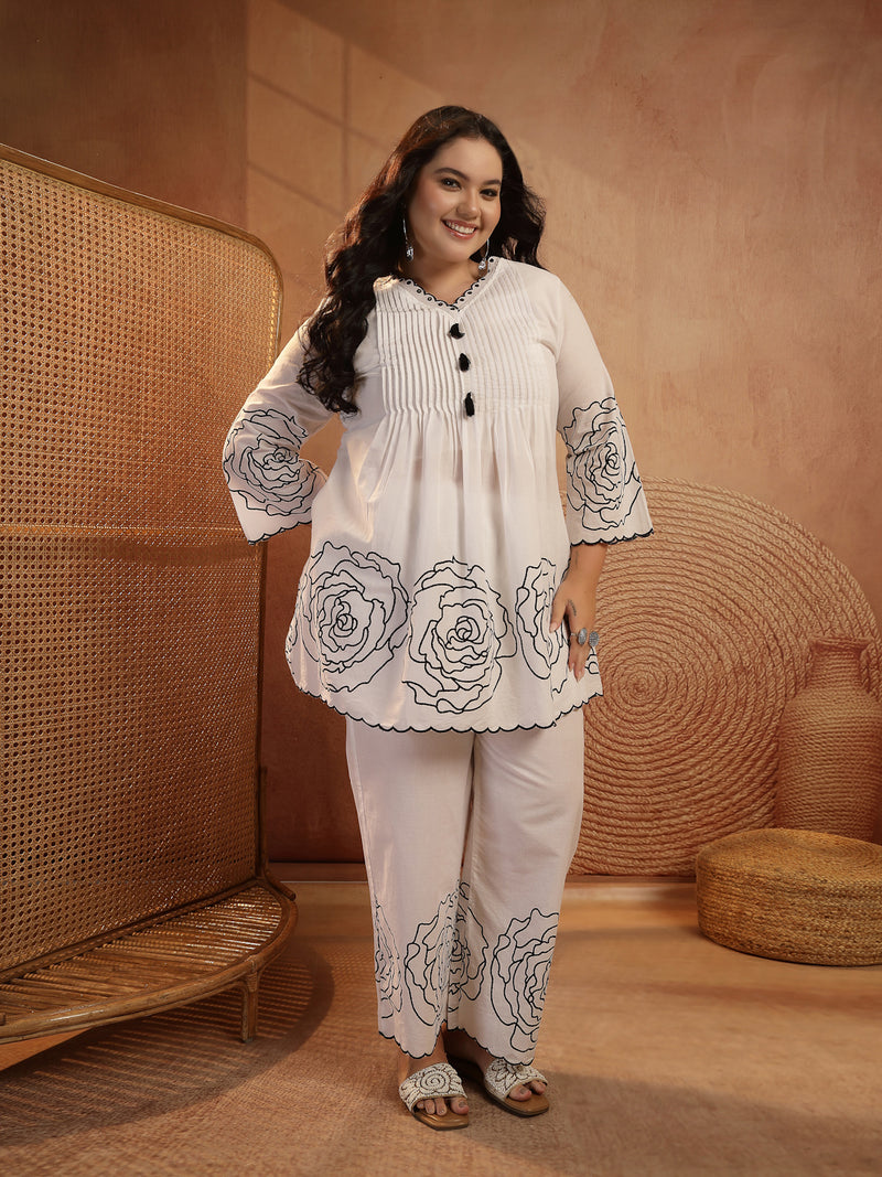 Stylum Women's Plus Size White Floral Printed Cotton Co-Ord Set (CSWHITEZINPAPLUS)