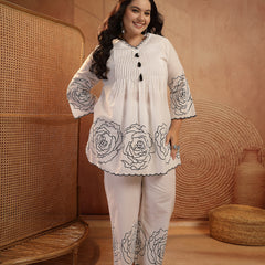 Stylum Women's Plus Size White Floral Printed Cotton Co-Ord Set (CSWHITEZINPAPLUS)