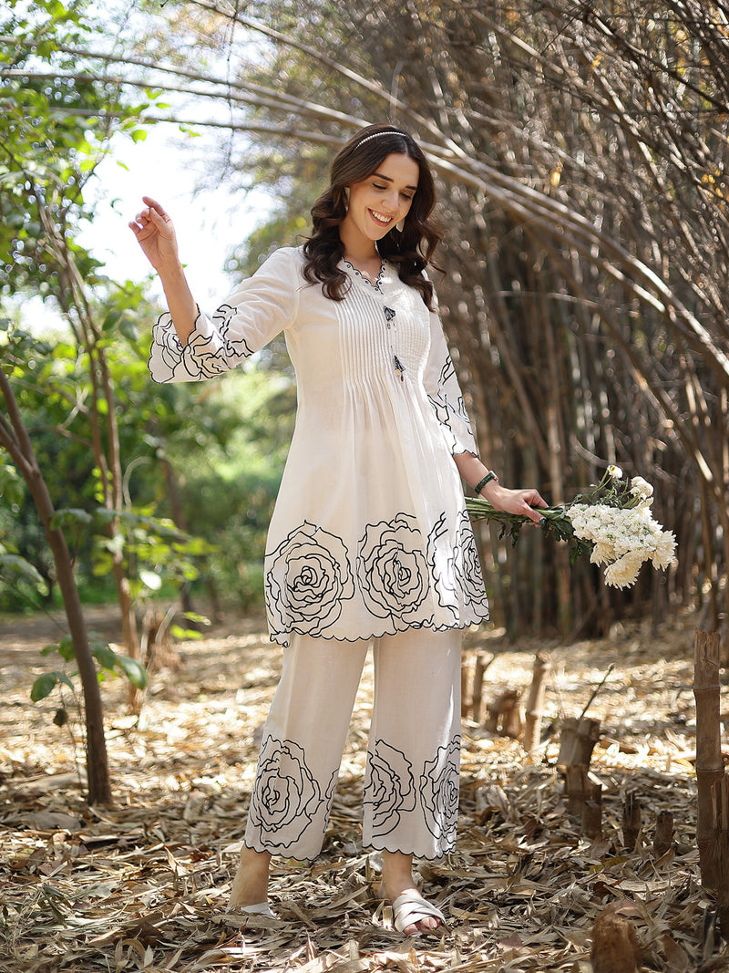 Stylum Women's White Floral & Embroidered Cotton Co-ord Set (CSWHITEZINPA)