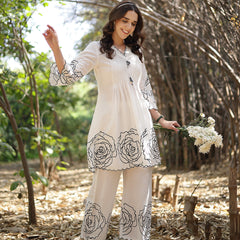 Stylum Women's White Floral & Embroidered Cotton Co-ord Set (CSWHITEZINPA)