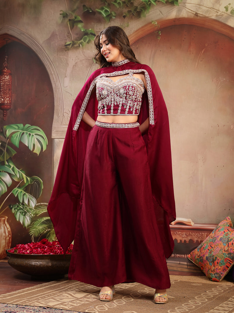 Stylum Women's Wine Solid & Embroidered Velvet Co-Ord Set (CSWINEBHAVYA)