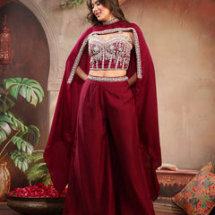 Stylum Women's Wine Solid & Embroidered Velvet Co-Ord Set (CSWINEBHAVYA)