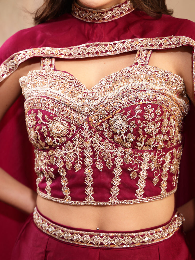 Stylum Women's Wine Solid & Embroidered Velvet Co-Ord Set (CSWINEBHAVYA)