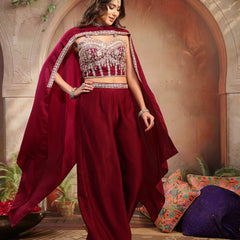 Stylum Women's Wine Solid & Embroidered Velvet Co-Ord Set (CSWINEBHAVYA)