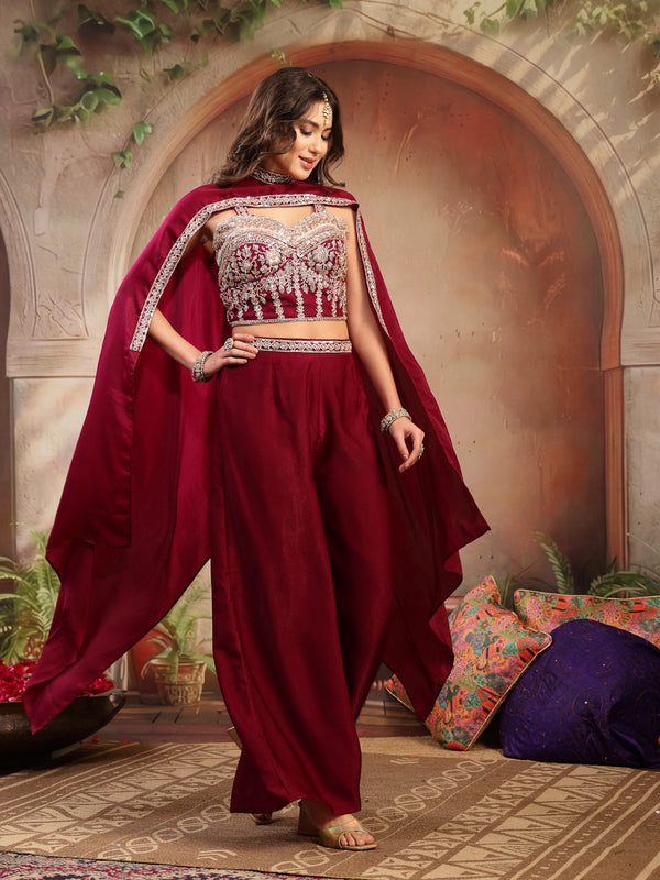 Stylum Women's Wine Solid & Embroidered Velvet Co-Ord Set (CSWINEBHAVYA)