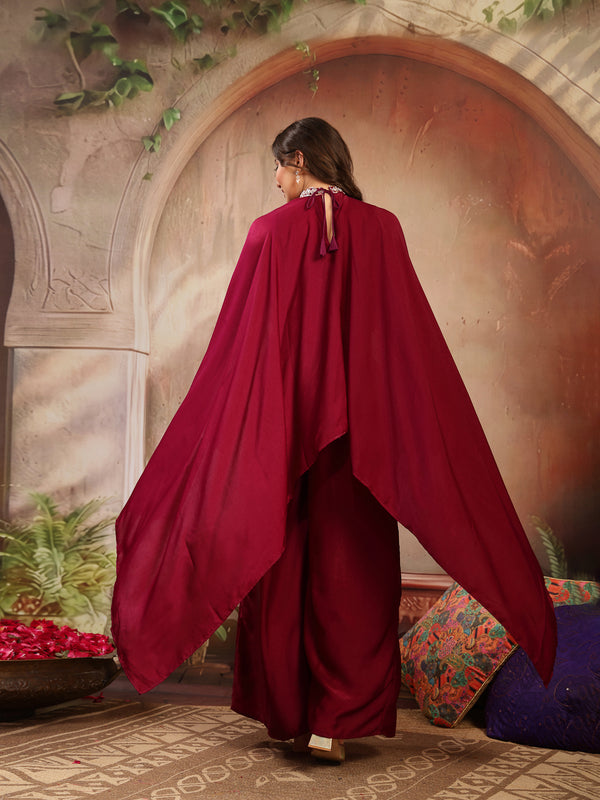 Stylum Women's Wine Solid & Embroidered Velvet Co-Ord Set (CSWINEBHAVYA)