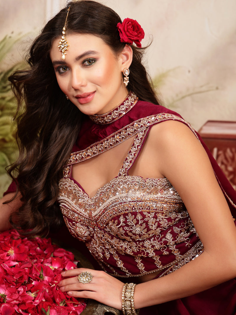 Stylum Women's Wine Solid & Embroidered Velvet Co-Ord Set (CSWINEBHAVYA)