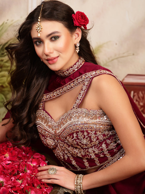 Stylum Women's Wine Solid & Embroidered Velvet Co-Ord Set (CSWINEBHAVYA)