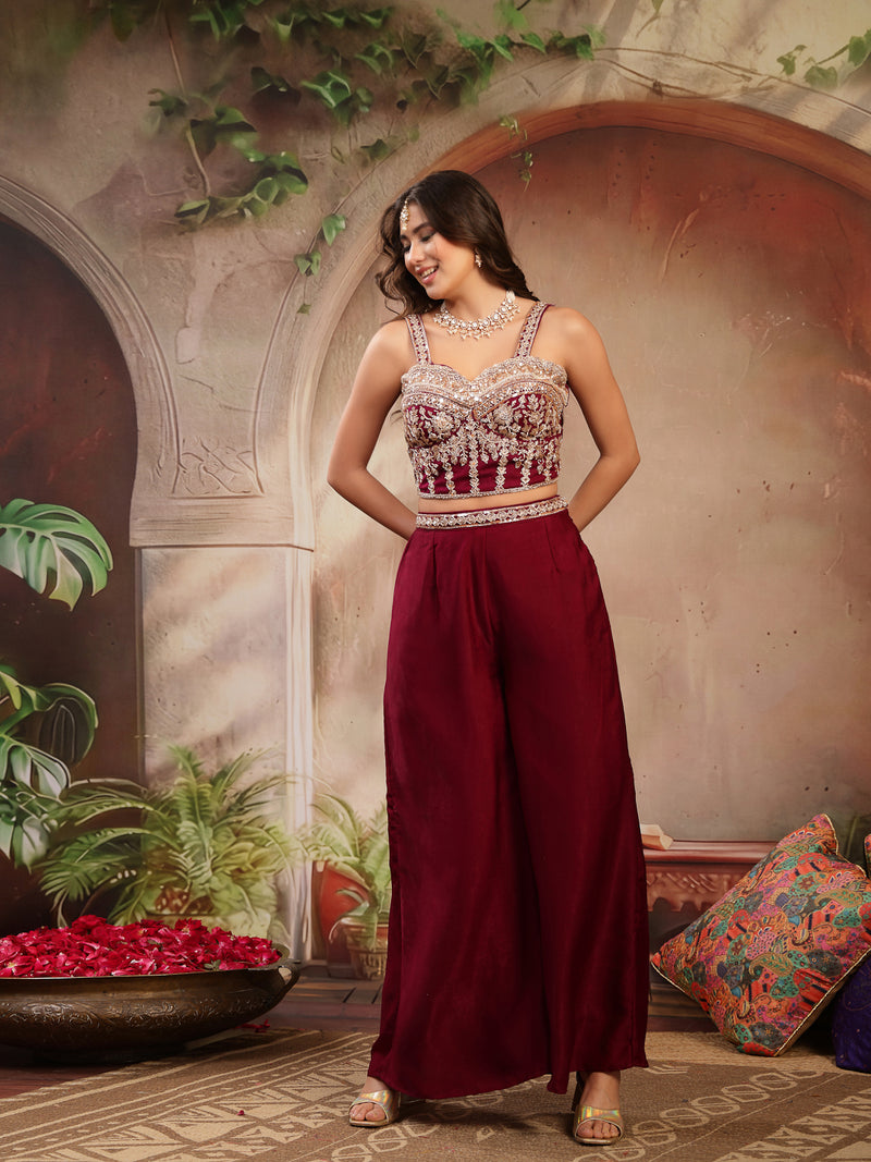 Stylum Women's Wine Solid & Embroidered Velvet Co-Ord Set (CSWINEBHAVYA)