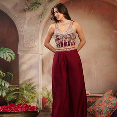 Stylum Women's Wine Solid & Embroidered Velvet Co-Ord Set (CSWINEBHAVYA)