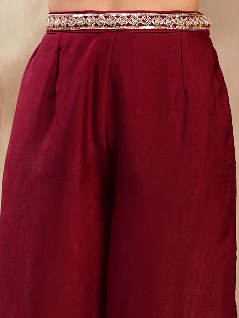 Stylum Women's Wine Solid & Embroidered Velvet Co-Ord Set (CSWINEBHAVYA)