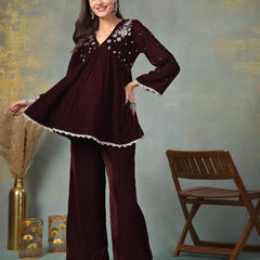 Stylum Women's Wine Solid & Embroidered Velvet Co-Ord Set (CSWINEJUGNI)
