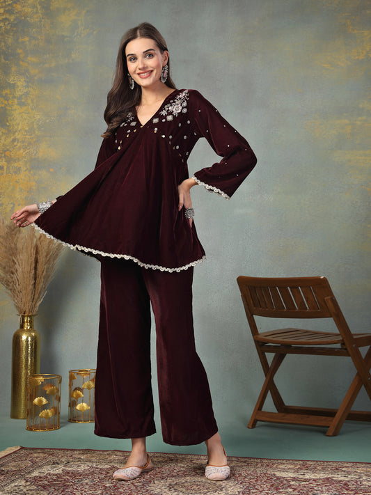 Stylum Women's Wine Solid & Embroidered Velvet Co-Ord Set (CSWINEJUGNI)