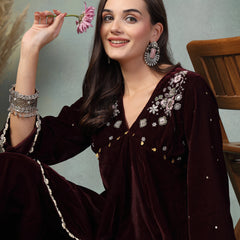 Stylum Women's Wine Solid & Embroidered Velvet Co-Ord Set (CSWINEJUGNI)