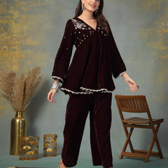 Stylum Women's Wine Solid & Embroidered Velvet Co-Ord Set (CSWINEJUGNI)