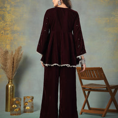 Stylum Women's Wine Solid & Embroidered Velvet Co-Ord Set (CSWINEJUGNI)
