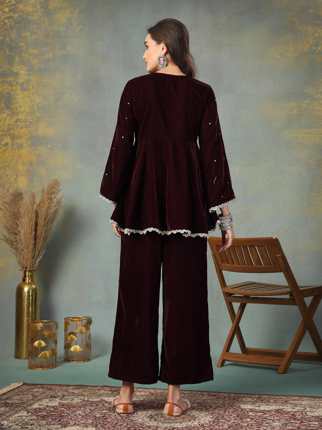 Stylum Women's Wine Solid & Embroidered Velvet Co-Ord Set (CSWINEJUGNI)