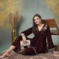 Stylum Women's Wine Solid & Embroidered Velvet Co-Ord Set (CSWINEJUGNI)