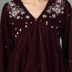 Stylum Women's Wine Solid & Embroidered Velvet Co-Ord Set (CSWINEJUGNI)