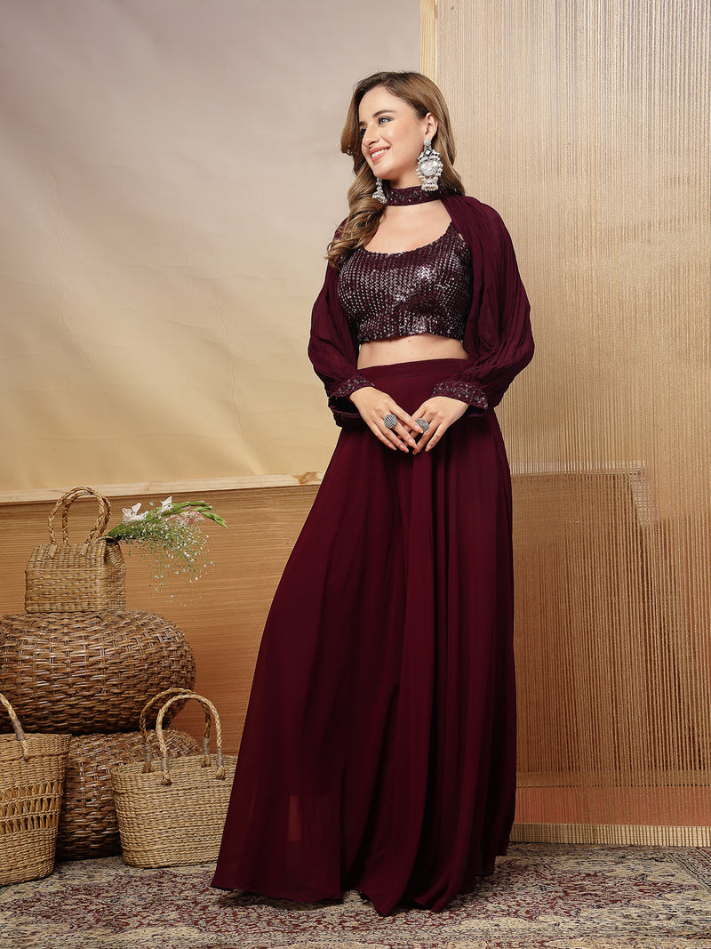 Stylum Women's Wine Solid & Embroidered Georgette Co-Ord Set (CSWINELOFT)