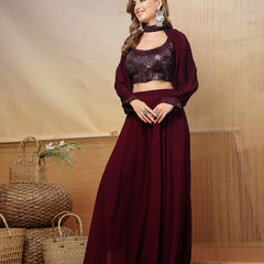 Stylum Women's Wine Solid & Embroidered Georgette Co-Ord Set (CSWINELOFT)