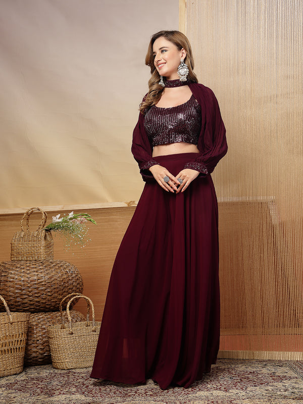 Stylum Women's Wine Solid & Embroidered Georgette Co-Ord Set (CSWINELOFT)