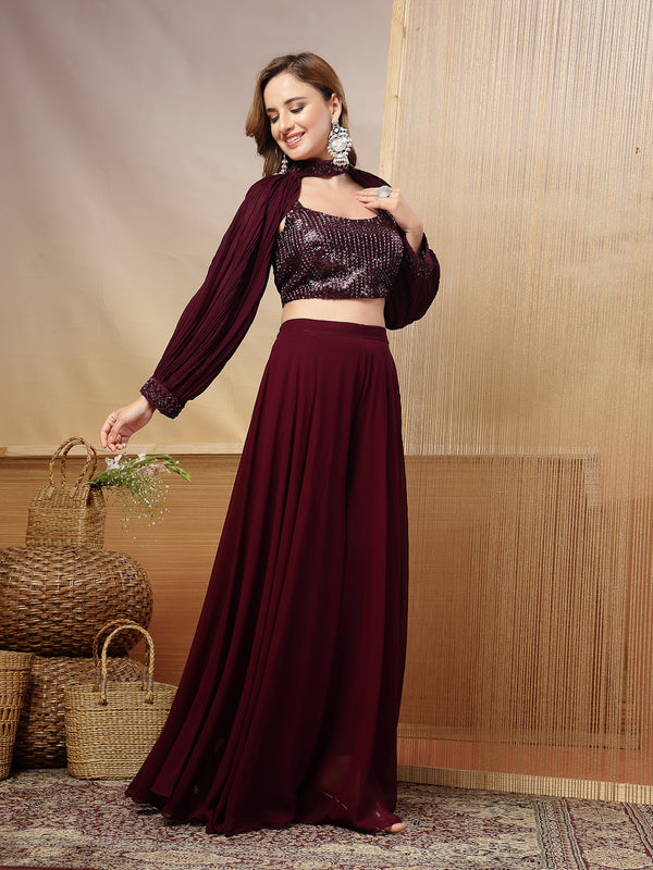 Stylum Women's Wine Solid & Embroidered Georgette Co-Ord Set (CSWINELOFT)