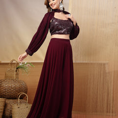 Stylum Women's Wine Solid & Embroidered Georgette Co-Ord Set (CSWINELOFT)