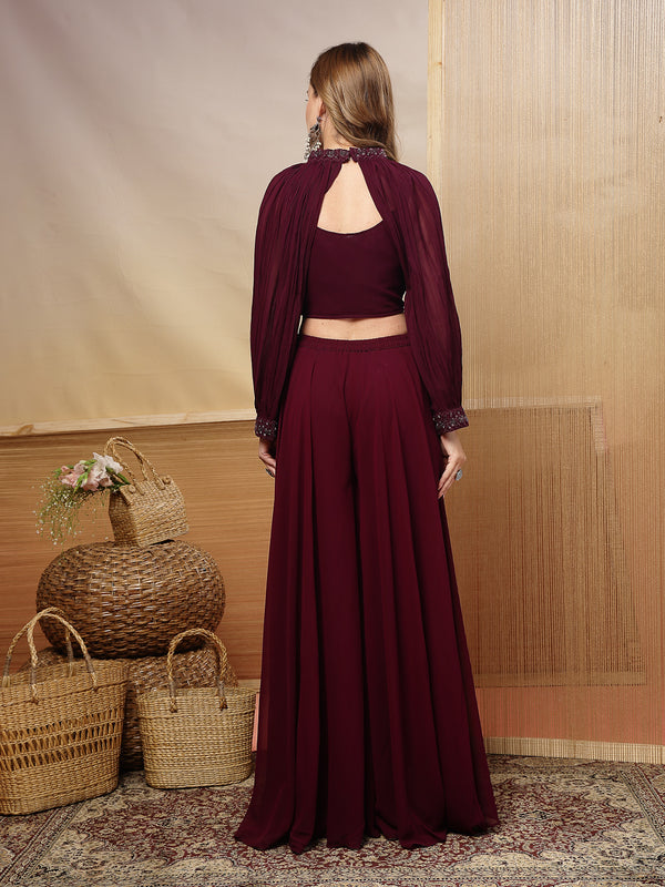 Stylum Women's Wine Solid & Embroidered Georgette Co-Ord Set (CSWINELOFT)