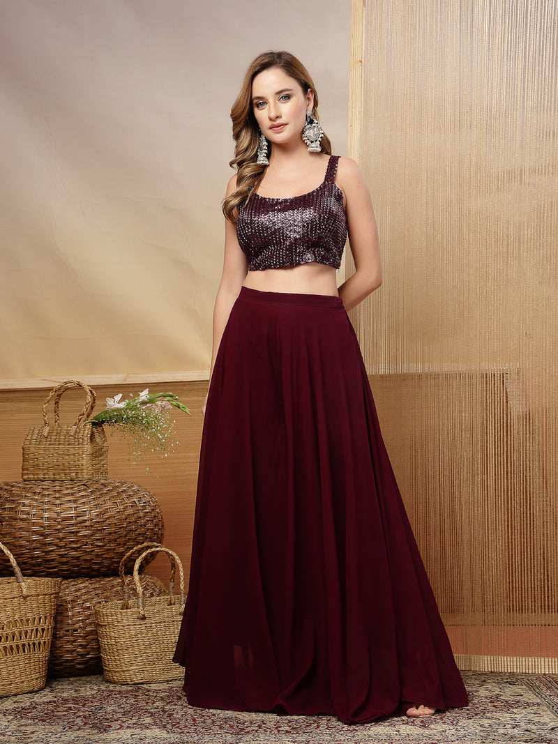 Stylum Women's Wine Solid & Embroidered Georgette Co-Ord Set (CSWINELOFT)