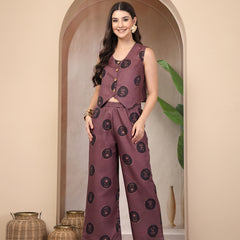 Stylum Women's Wine Botanical Printed Cotton Flex Co-Ord Set (CSWINERUSSO)