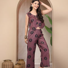 Stylum Women's Wine Botanical Printed Cotton Flex Co-Ord Set (CSWINERUSSO)