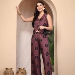Stylum Women's Wine Botanical Printed Cotton Flex Co-Ord Set (CSWINERUSSO)