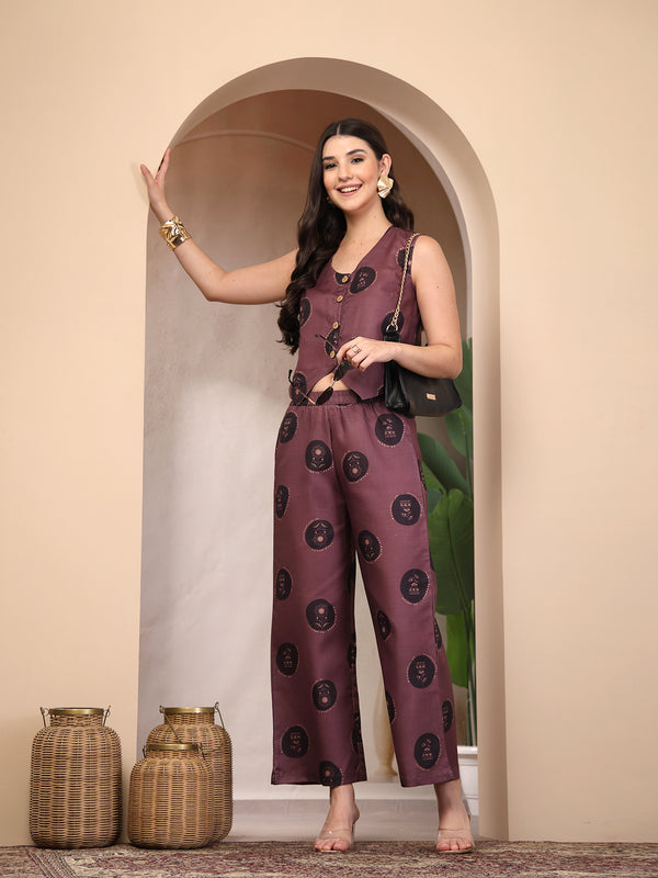 Stylum Women's Wine Botanical Printed Cotton Flex Co-Ord Set (CSWINERUSSO)