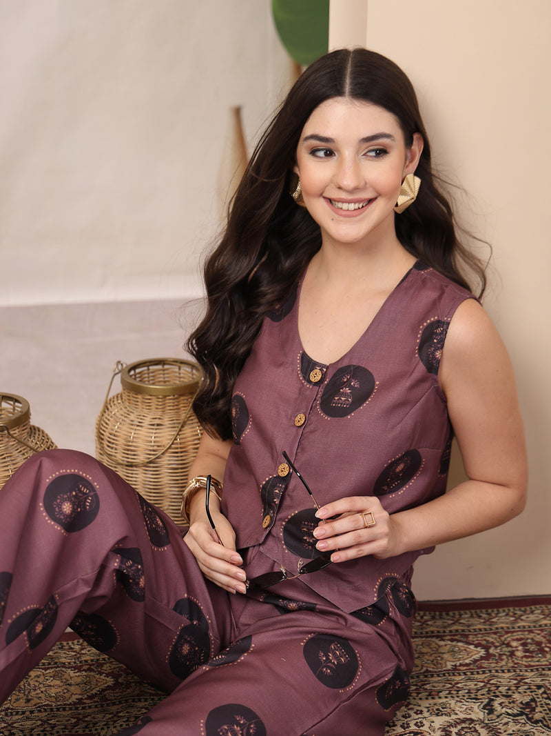 Stylum Women's Wine Botanical Printed Cotton Flex Co-Ord Set (CSWINERUSSO)