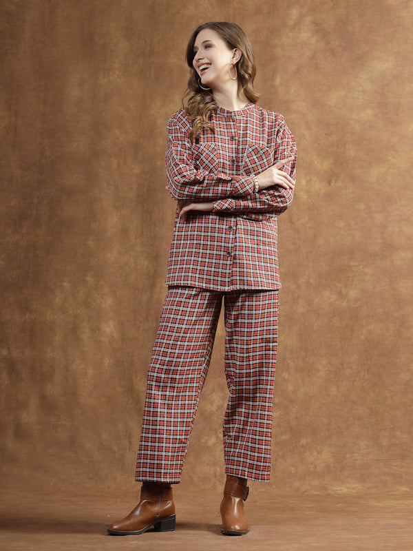 Stylum Women's Semi Woolen Checks Wool Blend Co-Ord Set (CSWMEDRUST)
