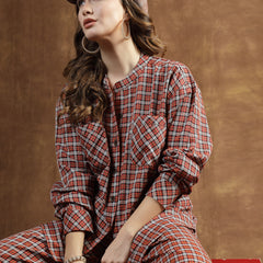 Stylum Women's Semi Woolen Checks Wool Blend Co-Ord Set (CSWMEDRUST)