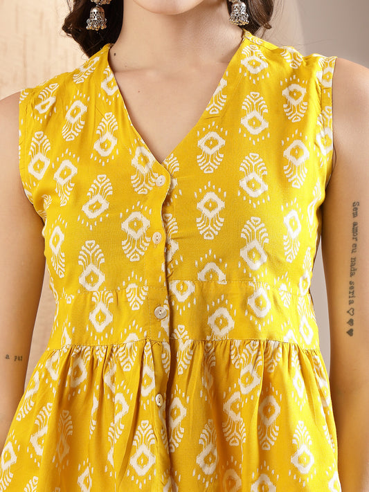 Stylum Women's Yellow Ikat Printed Rayon Co-Ord Set (CSYELLOWCOBRA)