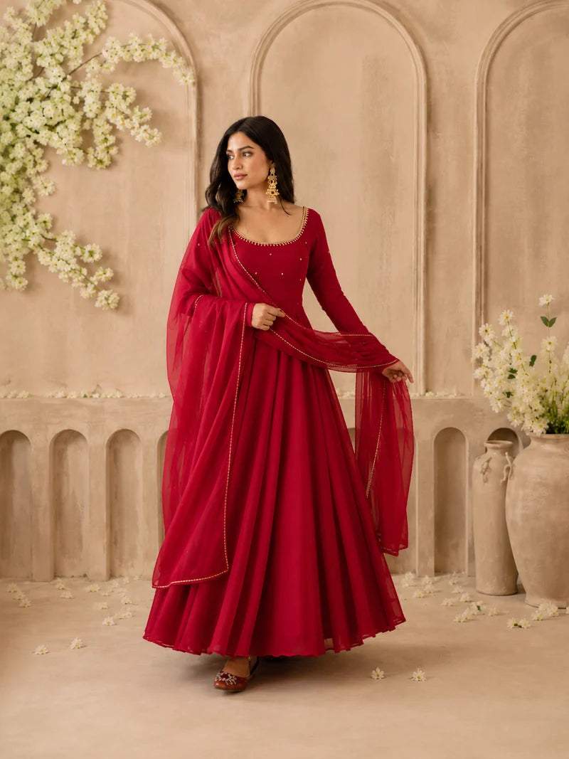 Maroon Embellished Anarkali Suit Set with Dupatta