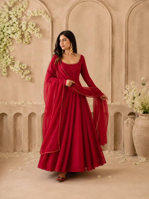 Maroon Embellished Anarkali Suit Set with Dupatta
