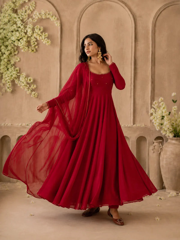 Maroon Embellished Anarkali Suit Set with Dupatta