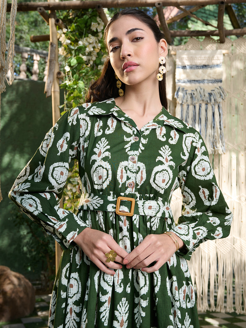 Stylum Women's Green Ikat Printed Cotton Flared Dress (DRSGREENFERI)