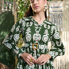 Stylum Women's Green Ikat Printed Cotton Flared Dress (DRSGREENFERI)