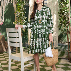 Stylum Women's Green Ikat Printed Cotton Flared Dress (DRSGREENFERI)