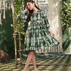 Stylum Women's Green Ikat Printed Cotton Flared Dress (DRSGREENFERI)