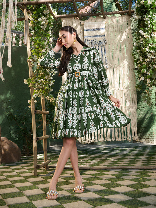 Stylum Women's Green Ikat Printed Cotton Flared Dress (DRSGREENFERI)