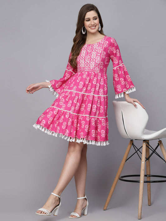 Floral Printed Rayon Flared dress 