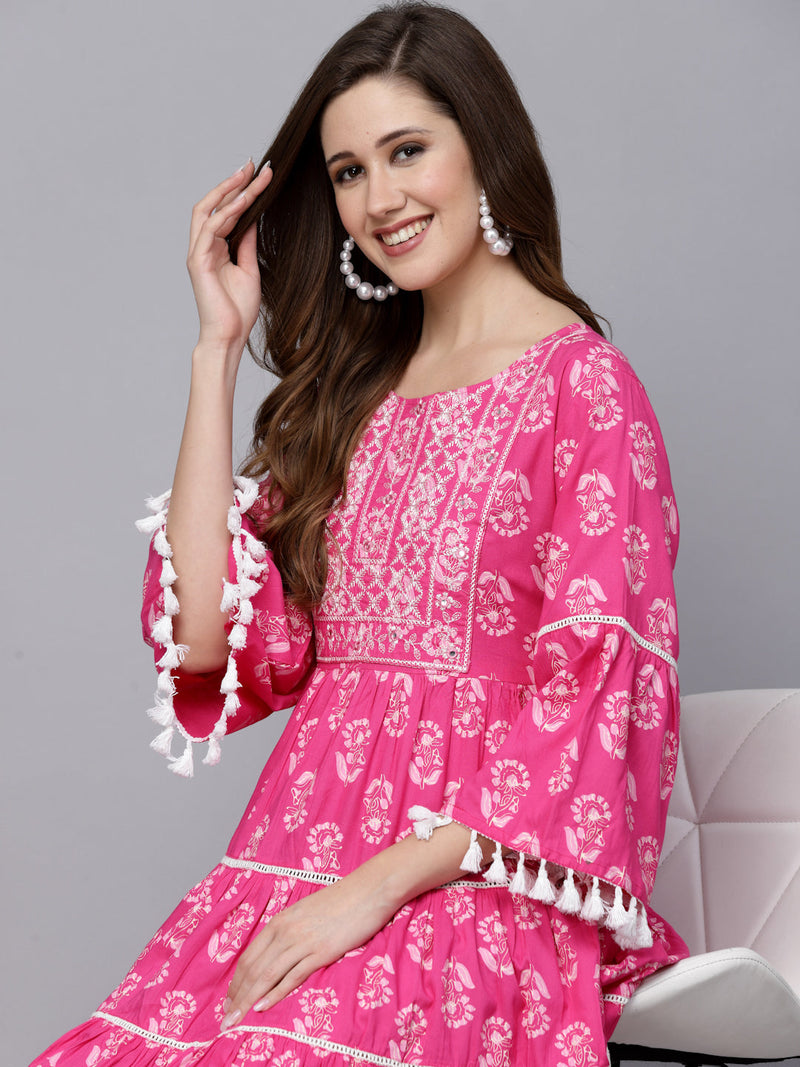 Floral Printed Rayon Flared dress